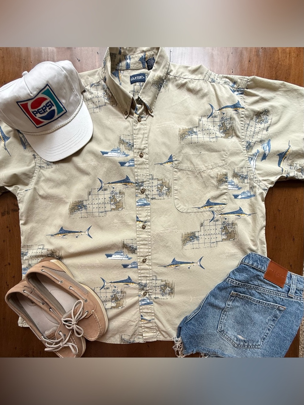 Puritan Beige Fish Button Up Summer Boating Outdoor 100% Cotton